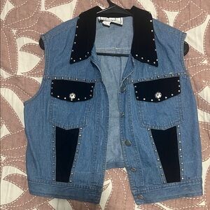 Studded Blue Denim Vest with Black Velvet Accents